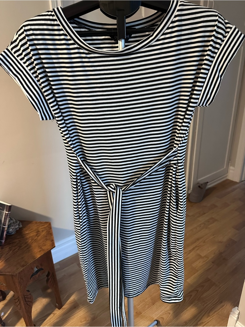 Black & White Striped Tie-Front Casual Dress